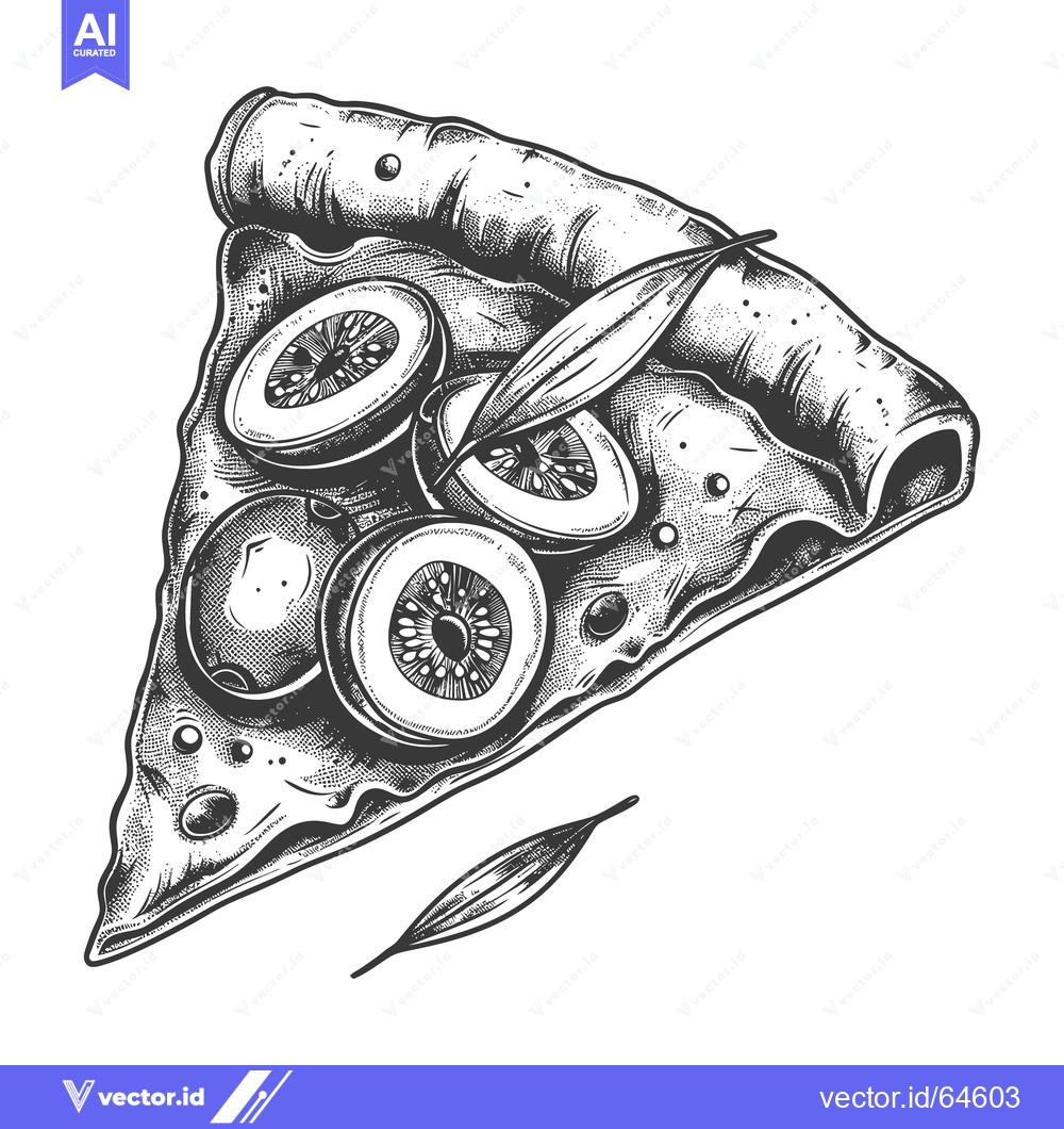 Premium Vector dari A monochromatic drawing of a pizza slice with toppings