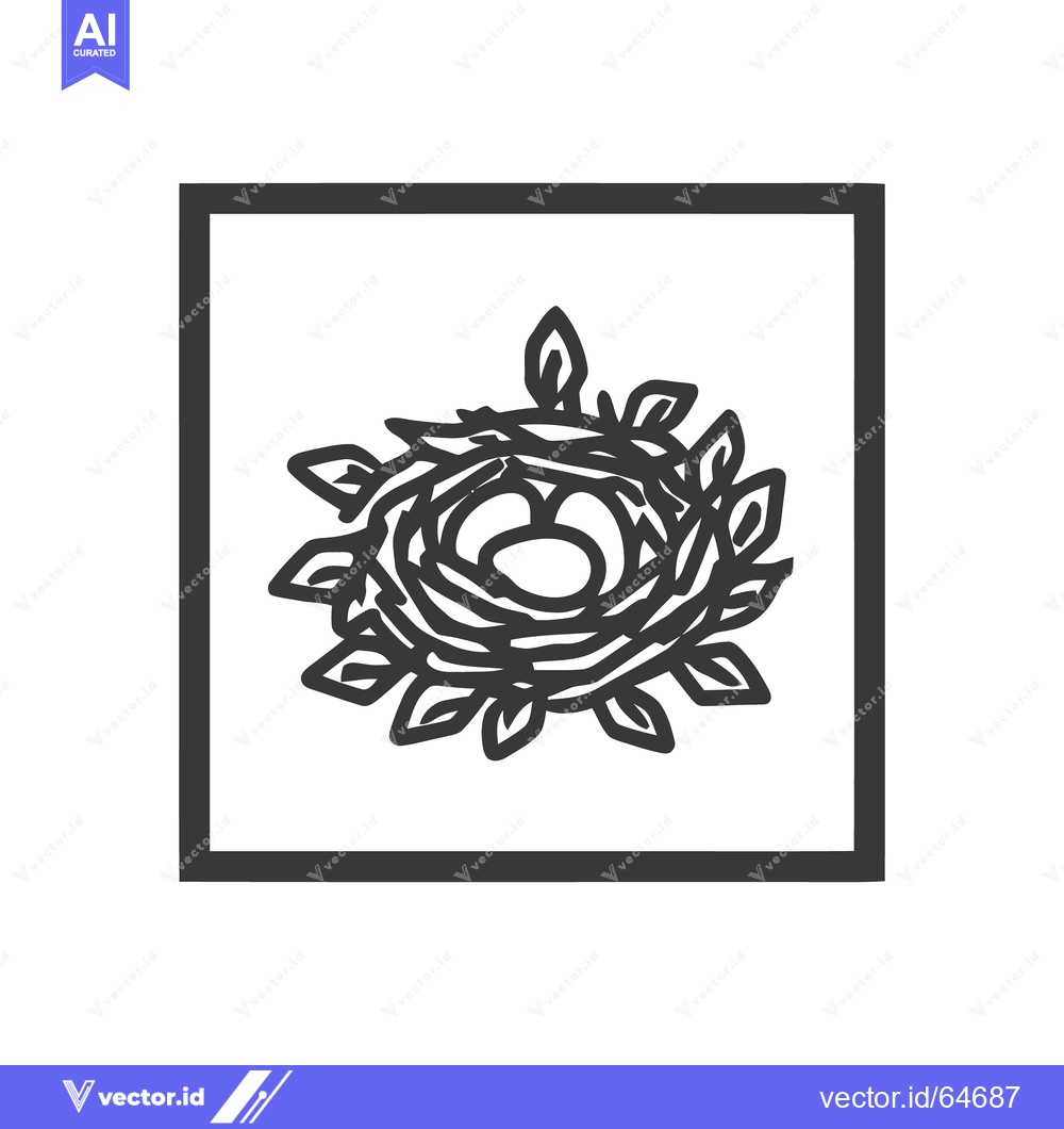 Premium Vector dari Minimalist Bird Nest Icon with Eggs in Square Frame, Dark Gray Outline