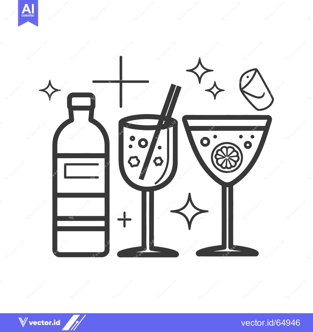 Premium Vector of Three beverages including a bottle and two drinking glasses are displa