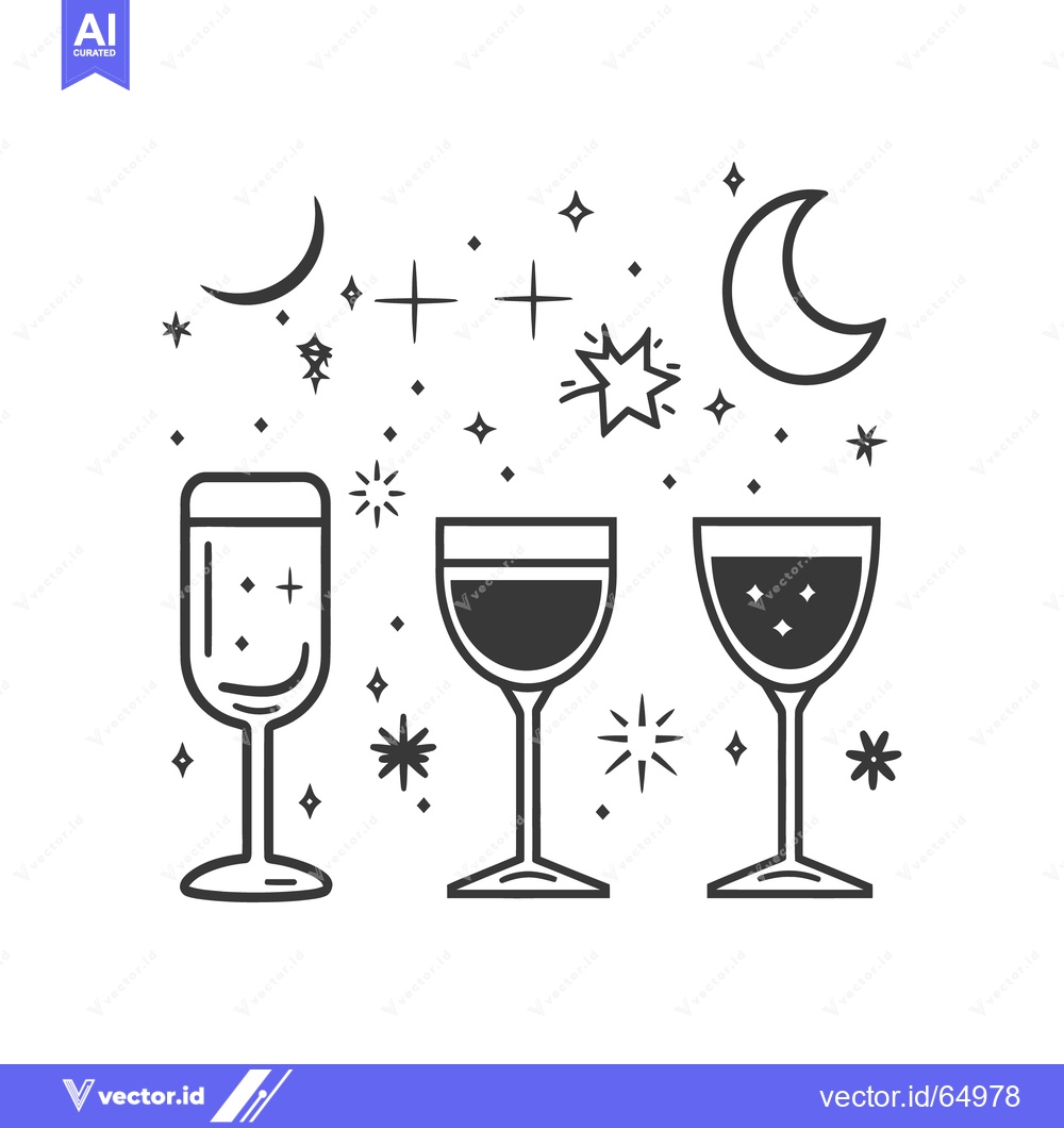 Premium Vector dari Three different filled glasses with celestial decorations and sparkle