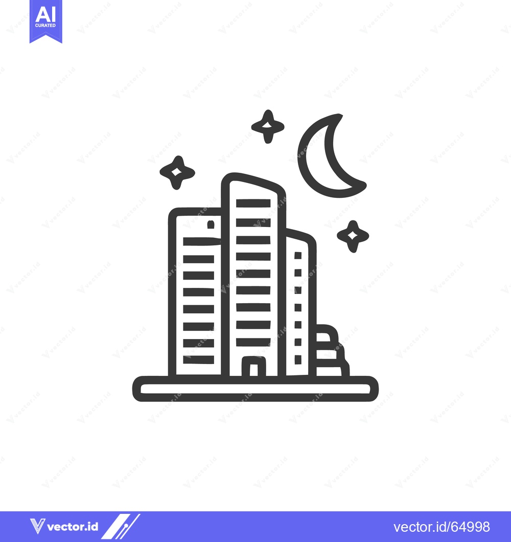Premium Vector of Minimalist Cityscape Icon with Moon and Stars in Line Art Style