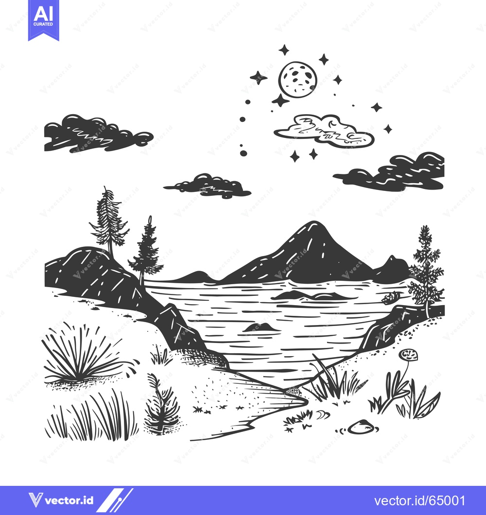 Premium Vector dari Nighttime Landscape with a Mountain, Lake, and Stars