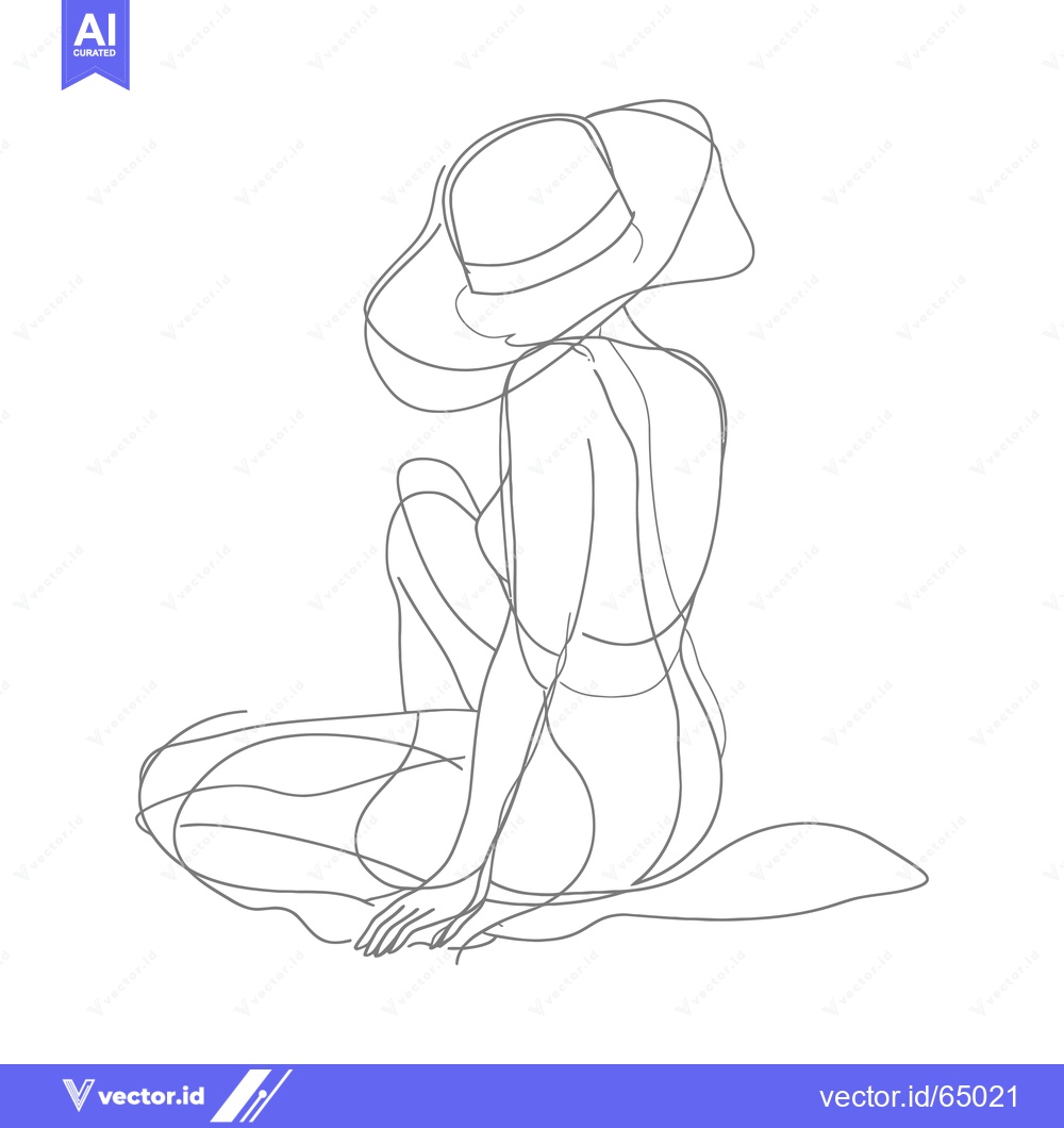 Premium Vector dari Line Drawing of a Woman Wearing a Hat, Sitting on a Blanket
