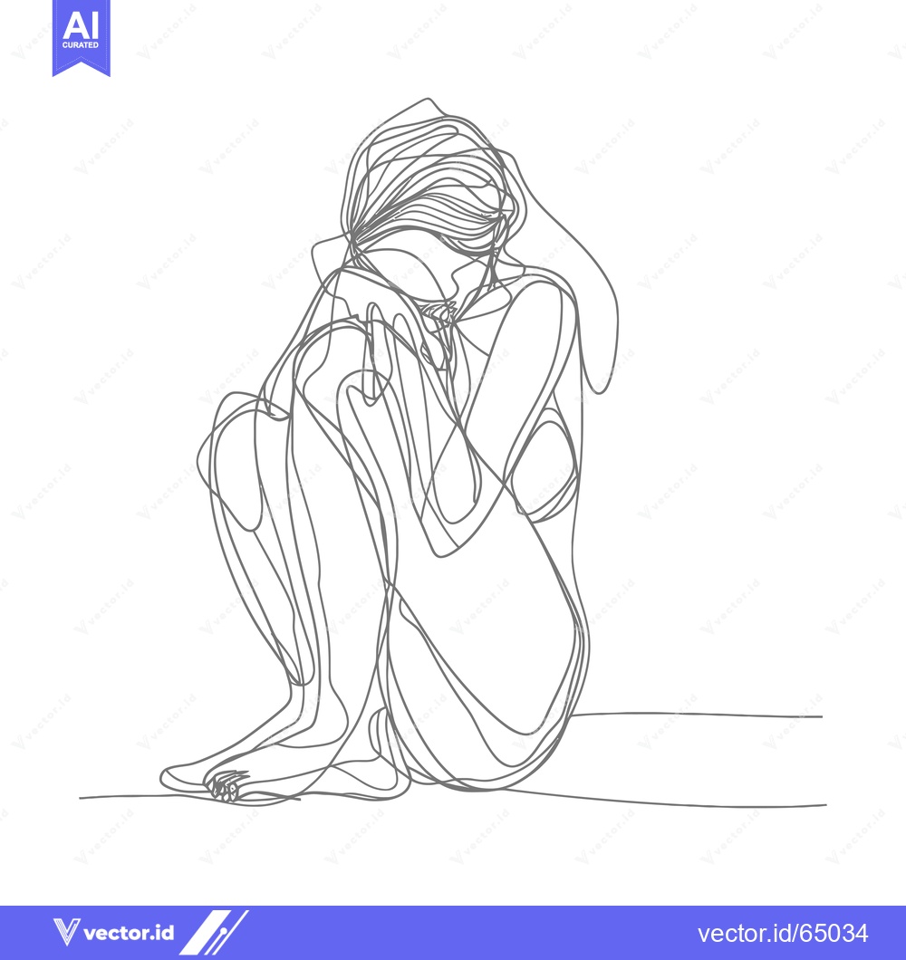 Premium Vector dari Single-Line Drawing of a Woman Sitting and Holding Herself