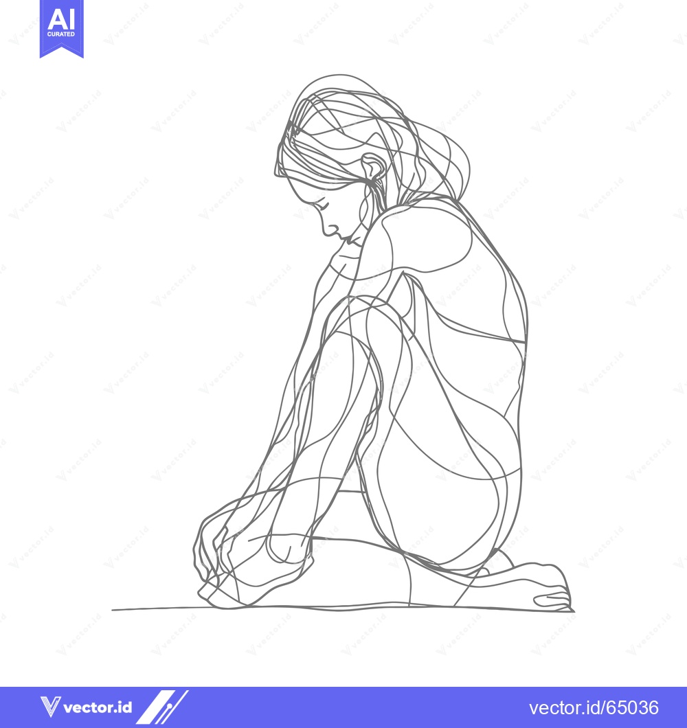 Premium Vector of A Single-Line Drawing of a Woman Sitting with Her Head Down