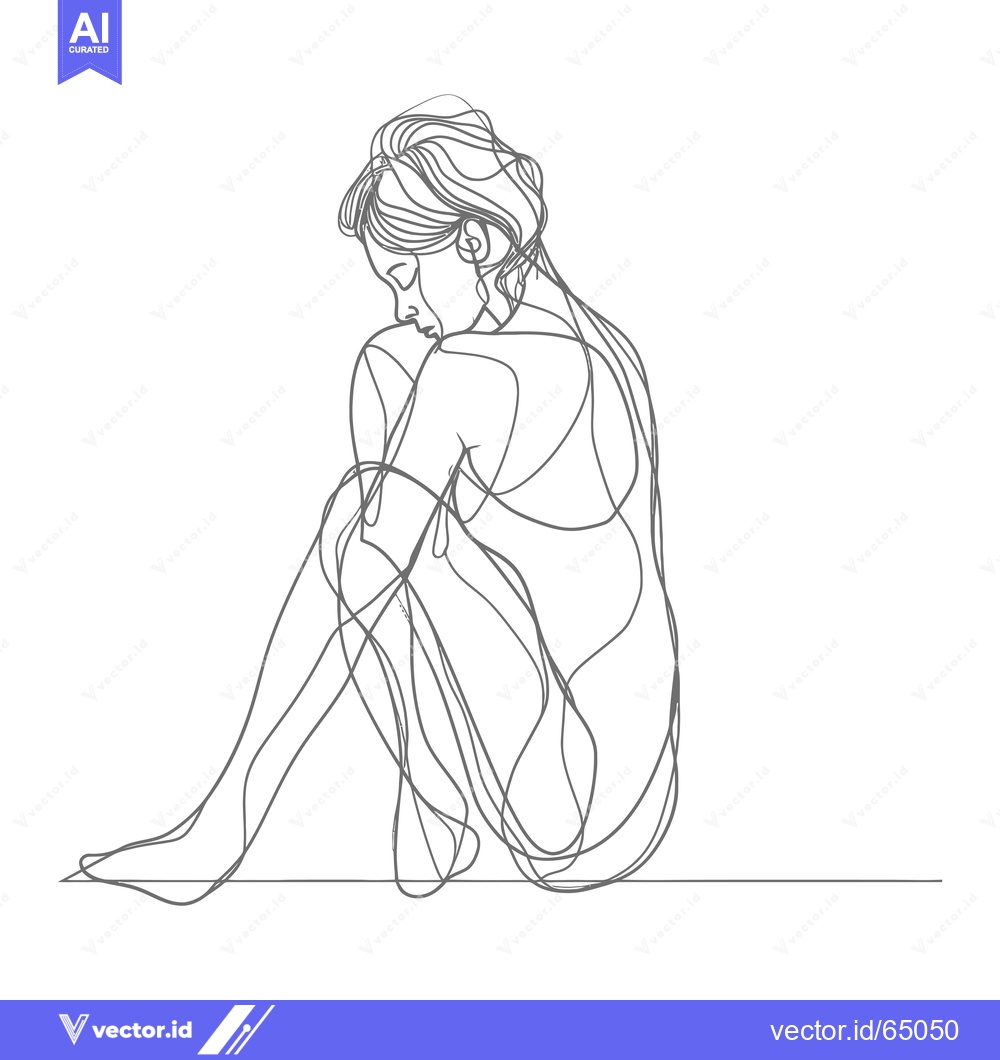 Premium Vector dari A Single-Line Drawing of a Woman Sitting with Her Knees to Her Chest