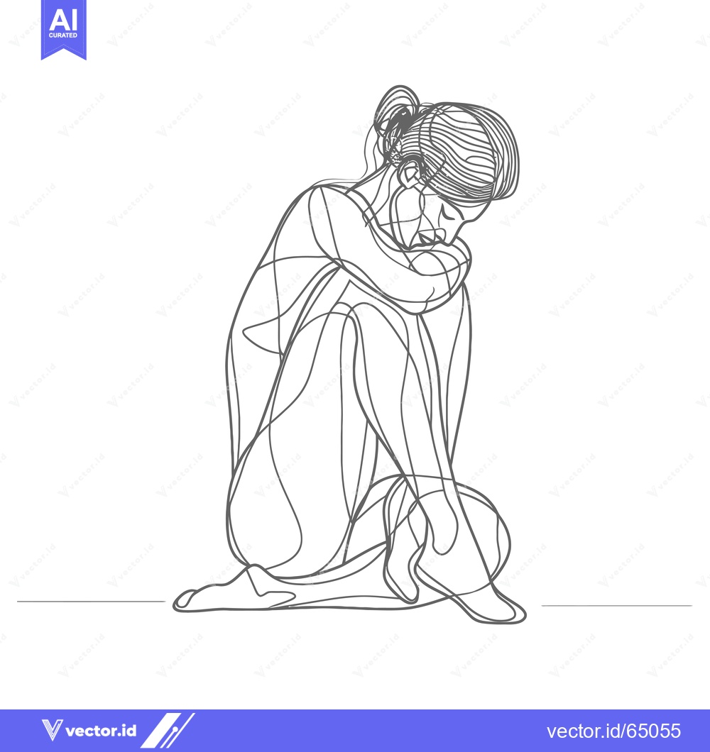 Premium Vector of A Single-Line Drawing of a Woman Sitting and Hugging Her Knees