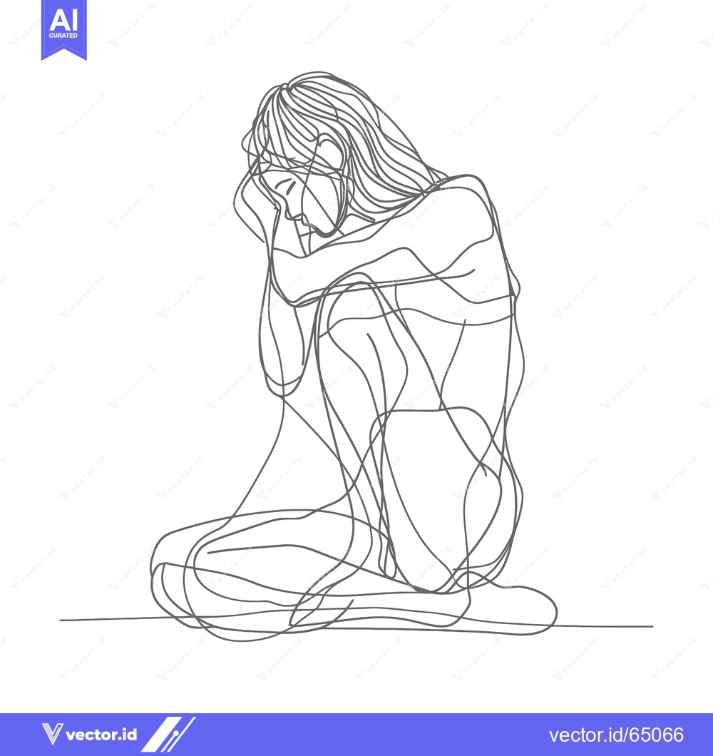 Premium Vector dari Single-Line Drawing of a Woman Sitting and Holding Her Head