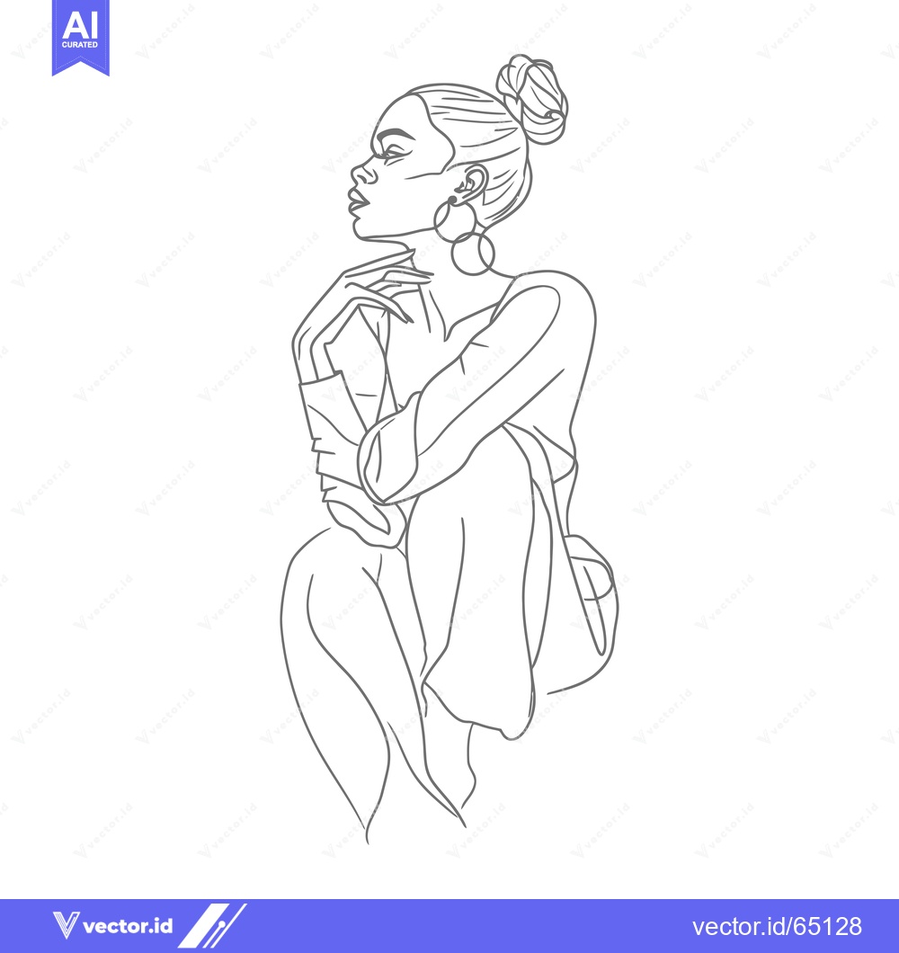 Premium Vector dari Line Art Drawing of a Woman in a Sitting Pose with Long Hair and Large