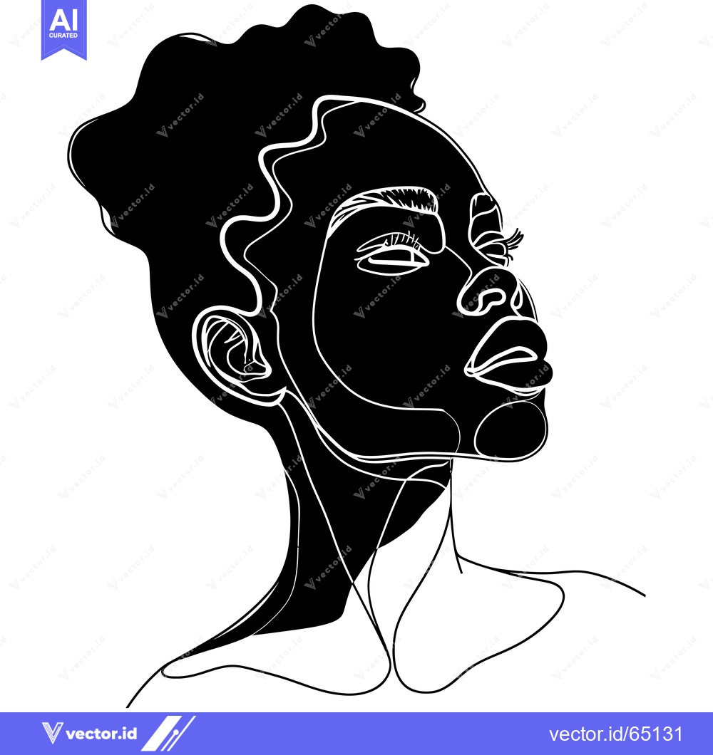 Premium Vector of Black and White Line Art Portrait of a Woman with Curly Hair Looking U