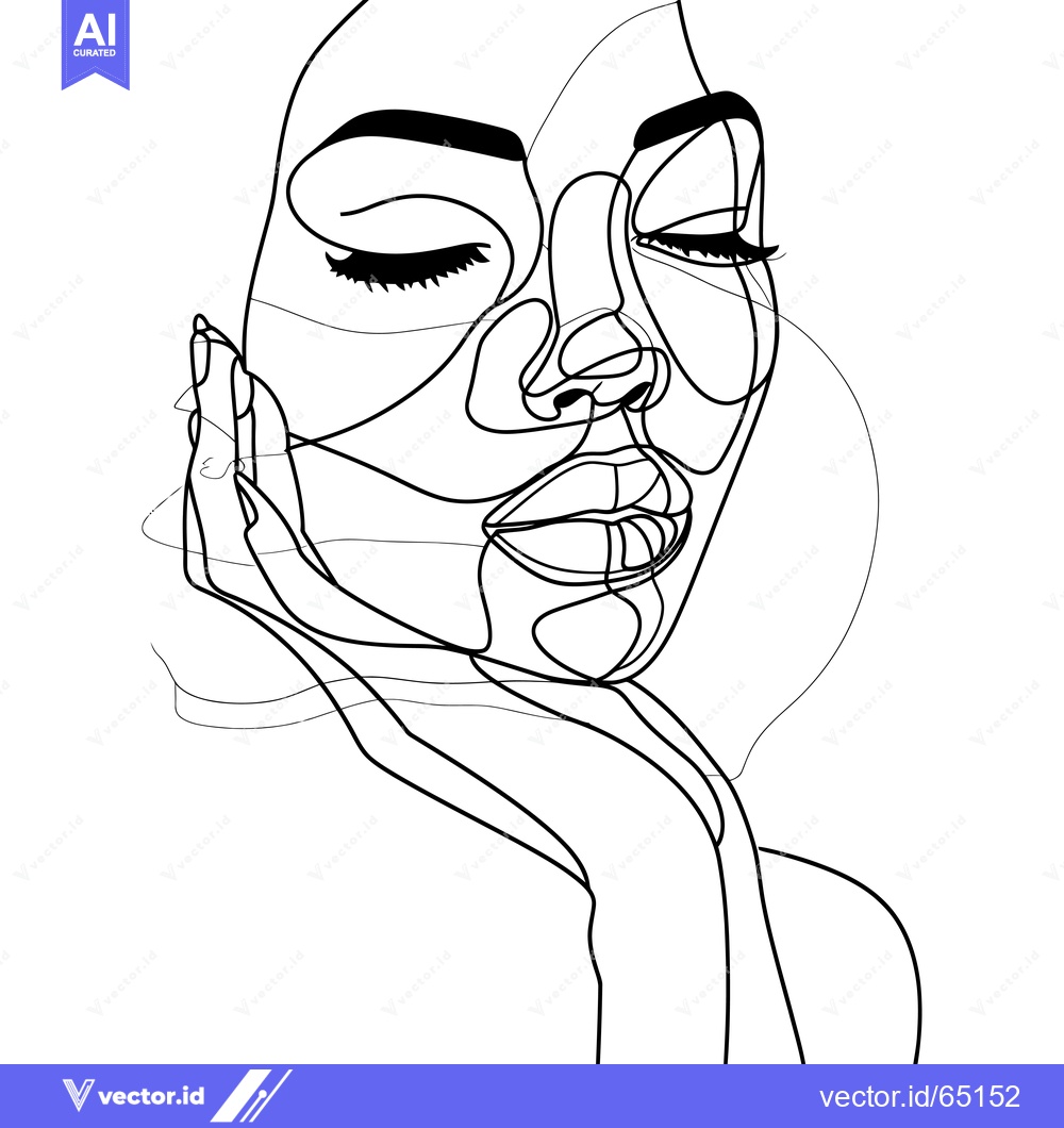 Premium Vector of Abstract Line Drawing of a Woman's Face with Closed Eyes and Hand on C