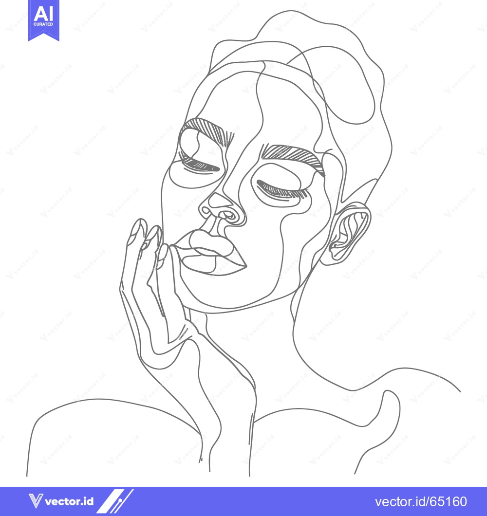 Premium Vector dari A Single-Line Drawing of a Woman with Her Eyes Closed and Hand on Her