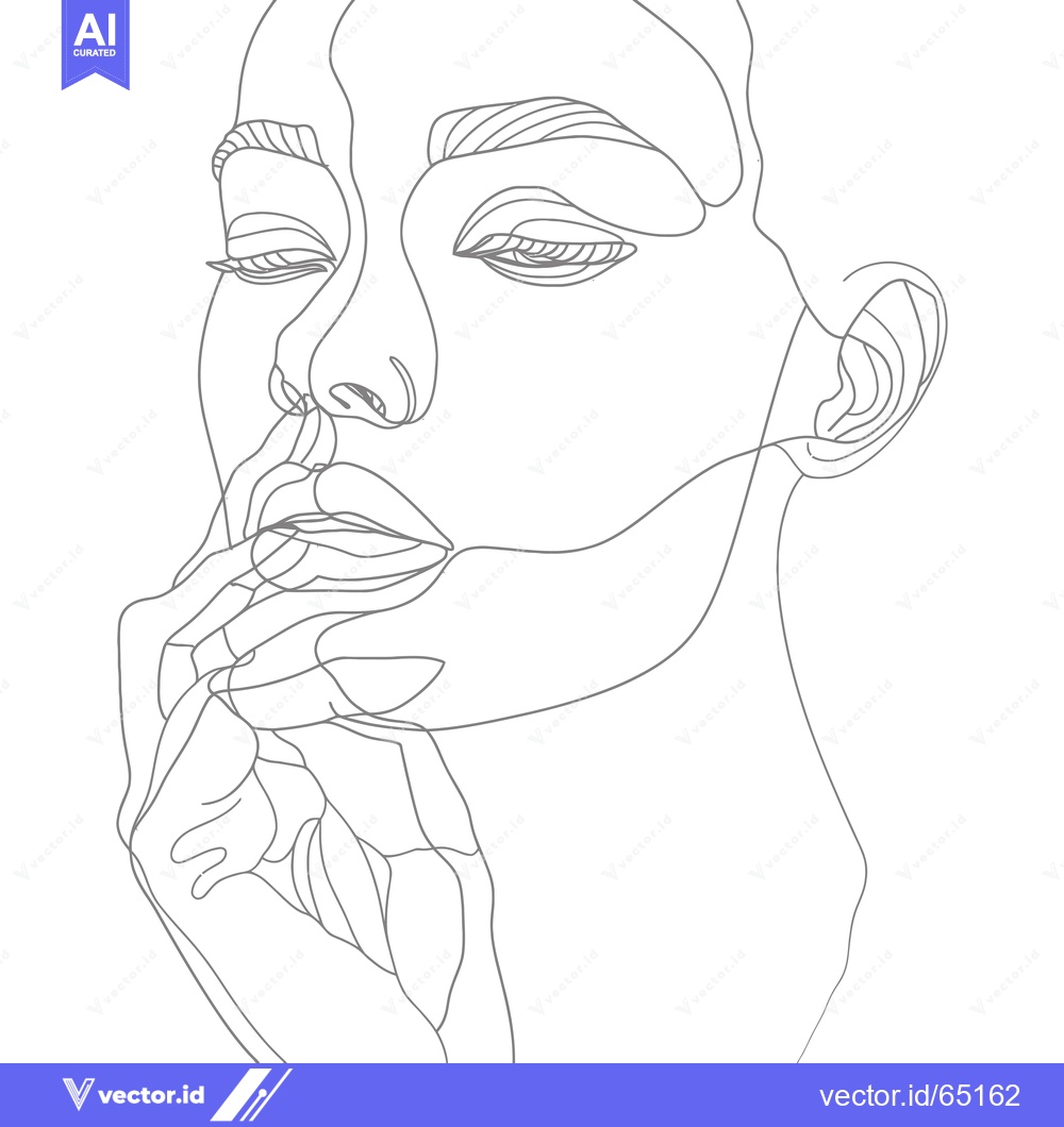 Premium Vector dari A Single-Line Drawing of a Woman's Face with Eyes Closed and Hand to C
