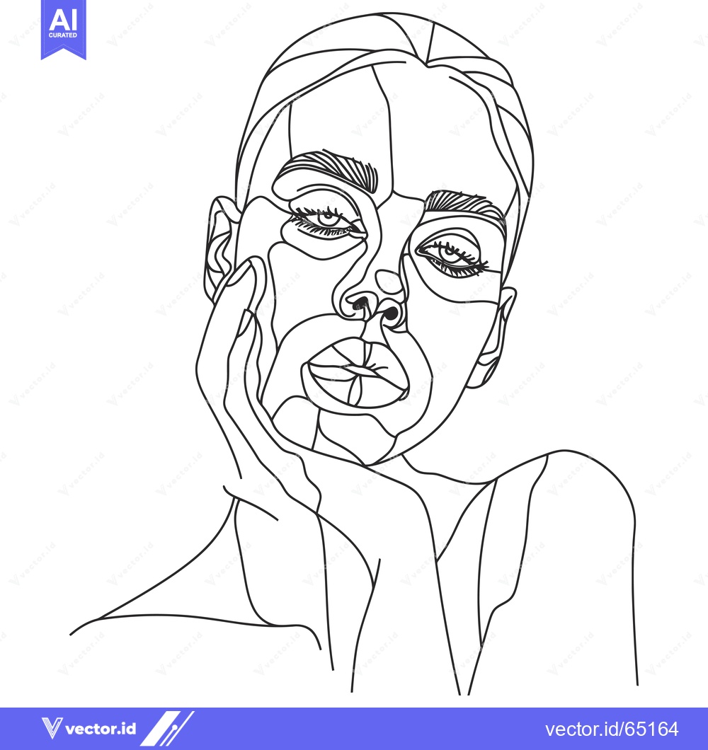 Premium Vector of Line Art Portrait of a Woman with Closed Eyes and Hand on Cheek