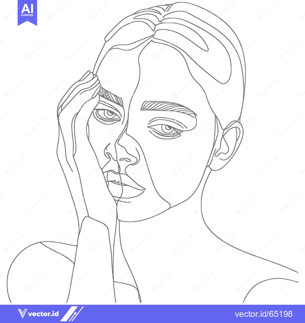 Premium Vector of Line Art Portrait of a Woman with Hand on Face