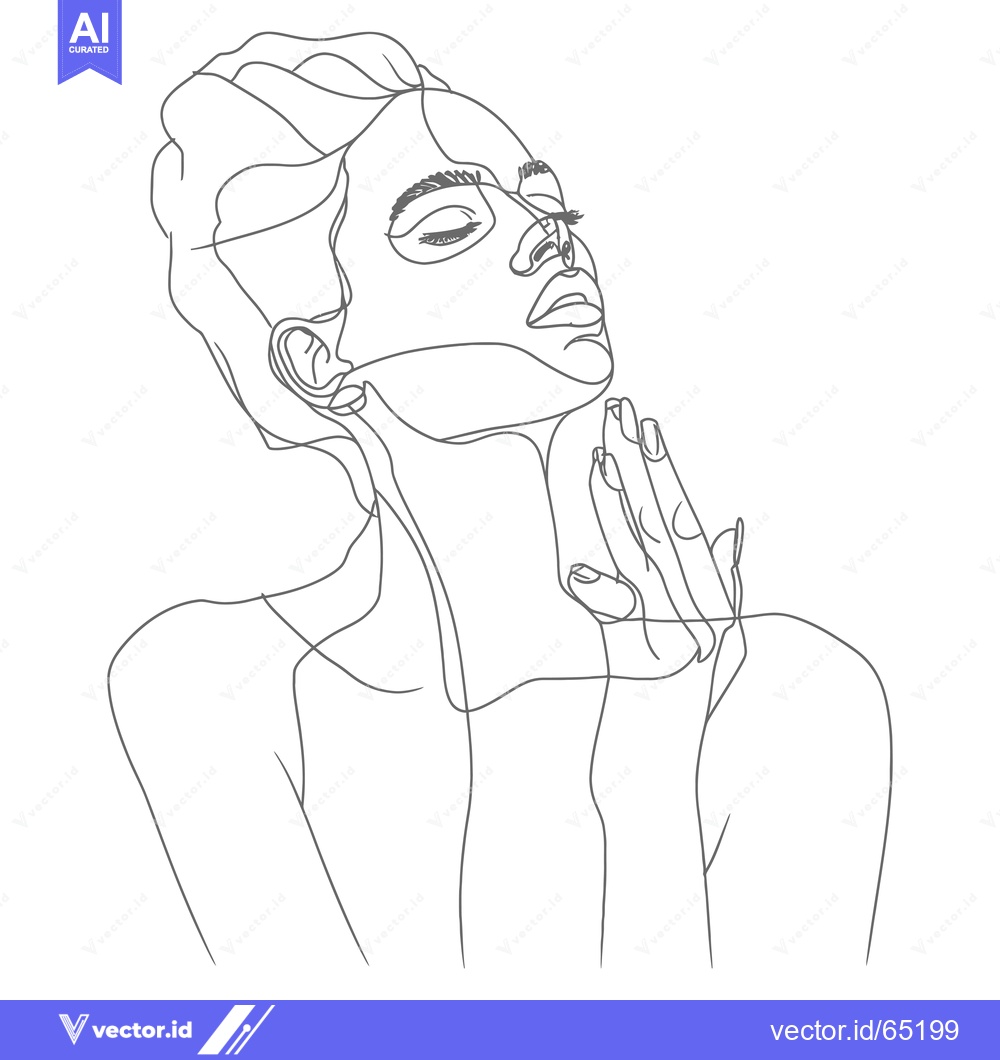 Premium Vector dari One-Line Drawing of a Woman with Closed Eyes and Hand on Chin