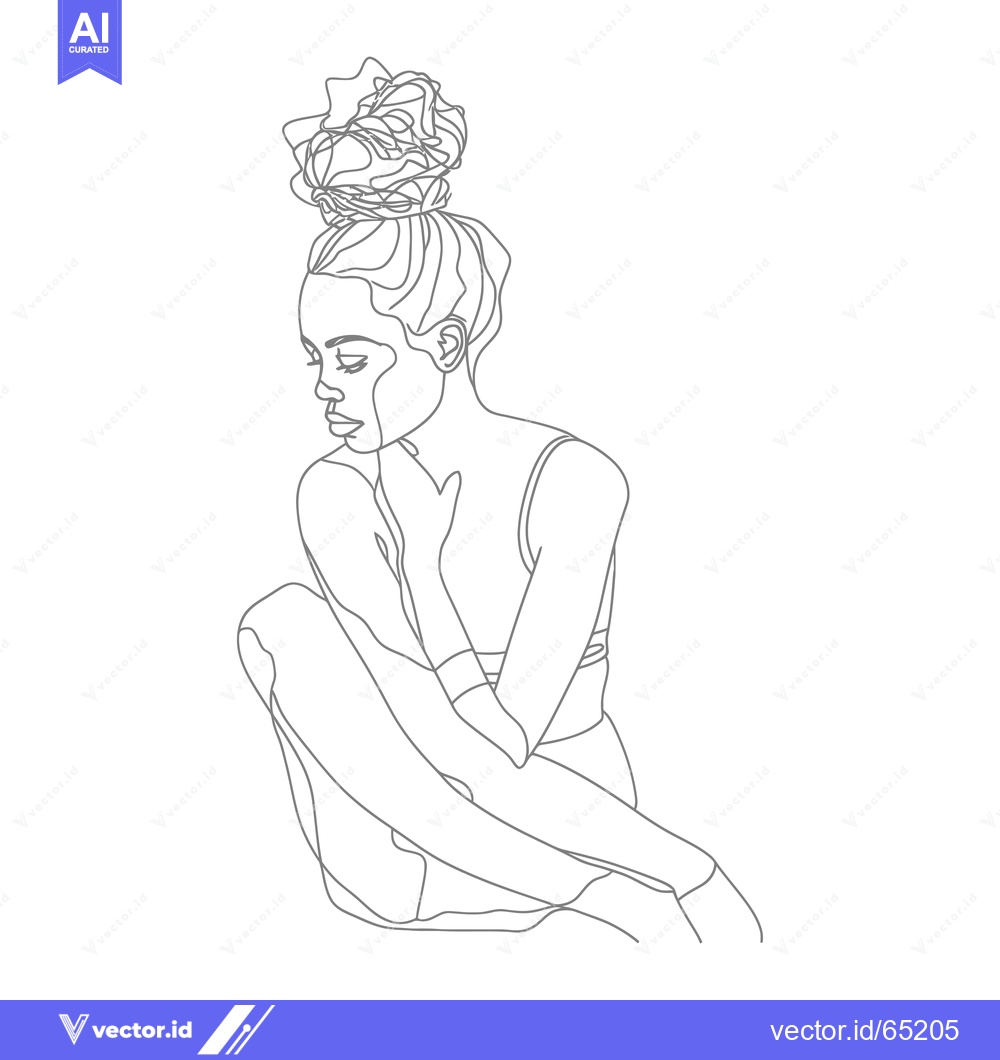 Premium Vector dari Line Art Illustration of a Woman with a Bun Sitting with Her Legs Cros