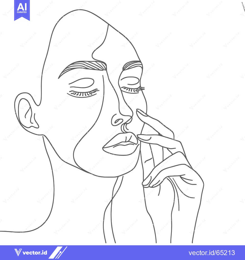 Premium Vector dari Line art drawing of a woman's face with closed eyes, touching her nose
