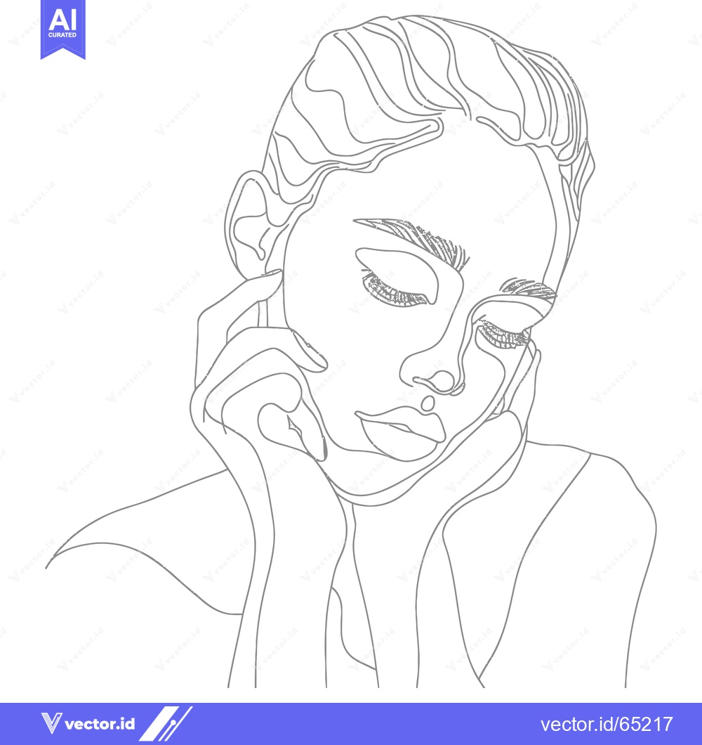 Premium Vector of Line Art Portrait of a Woman with Closed Eyes and Hands on Her Cheeks