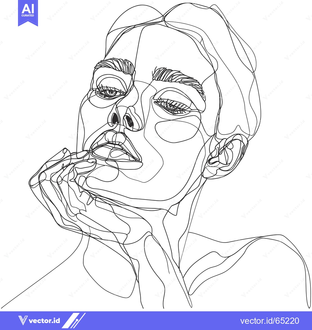Premium Vector dari One-Line Drawing of a Woman's Face with Hand on Chin