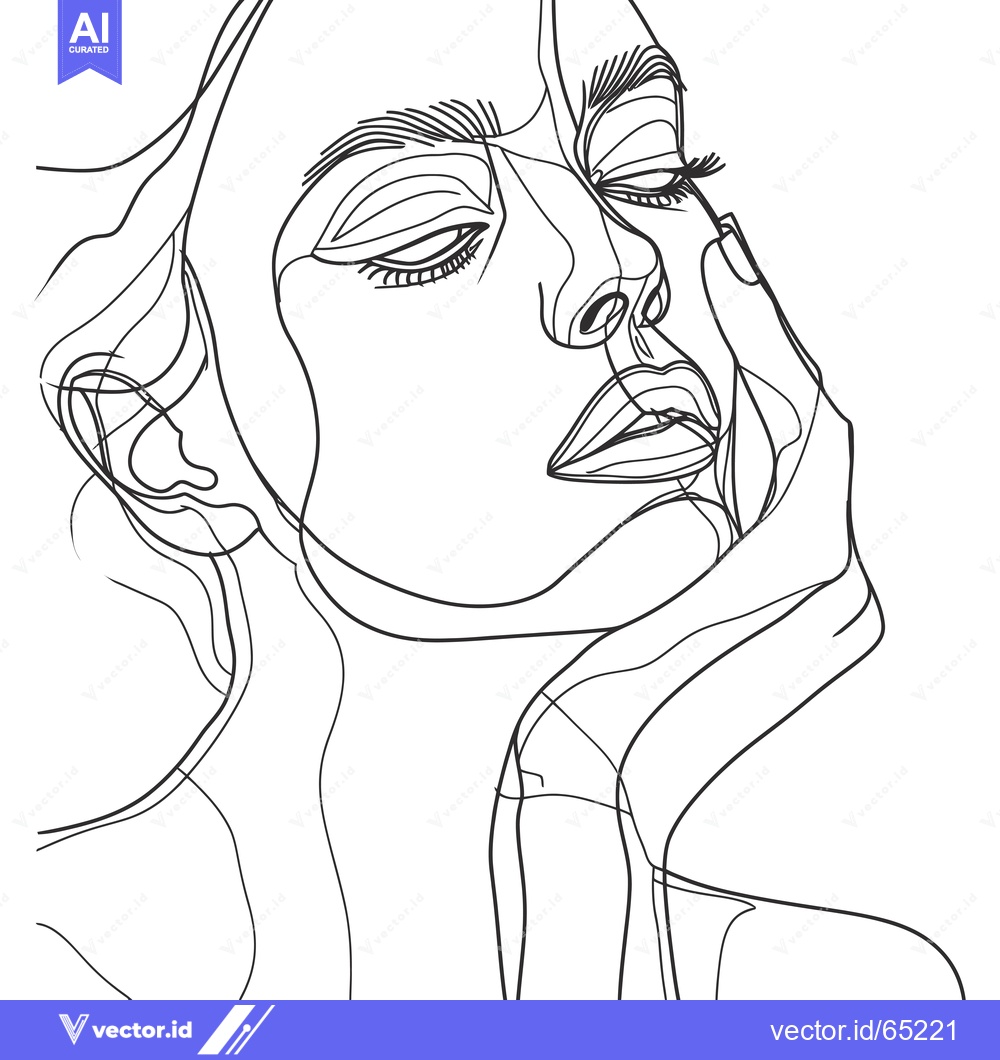 Premium Vector of Line Art Portrait of a Woman with Closed Eyes and Hand on Cheek