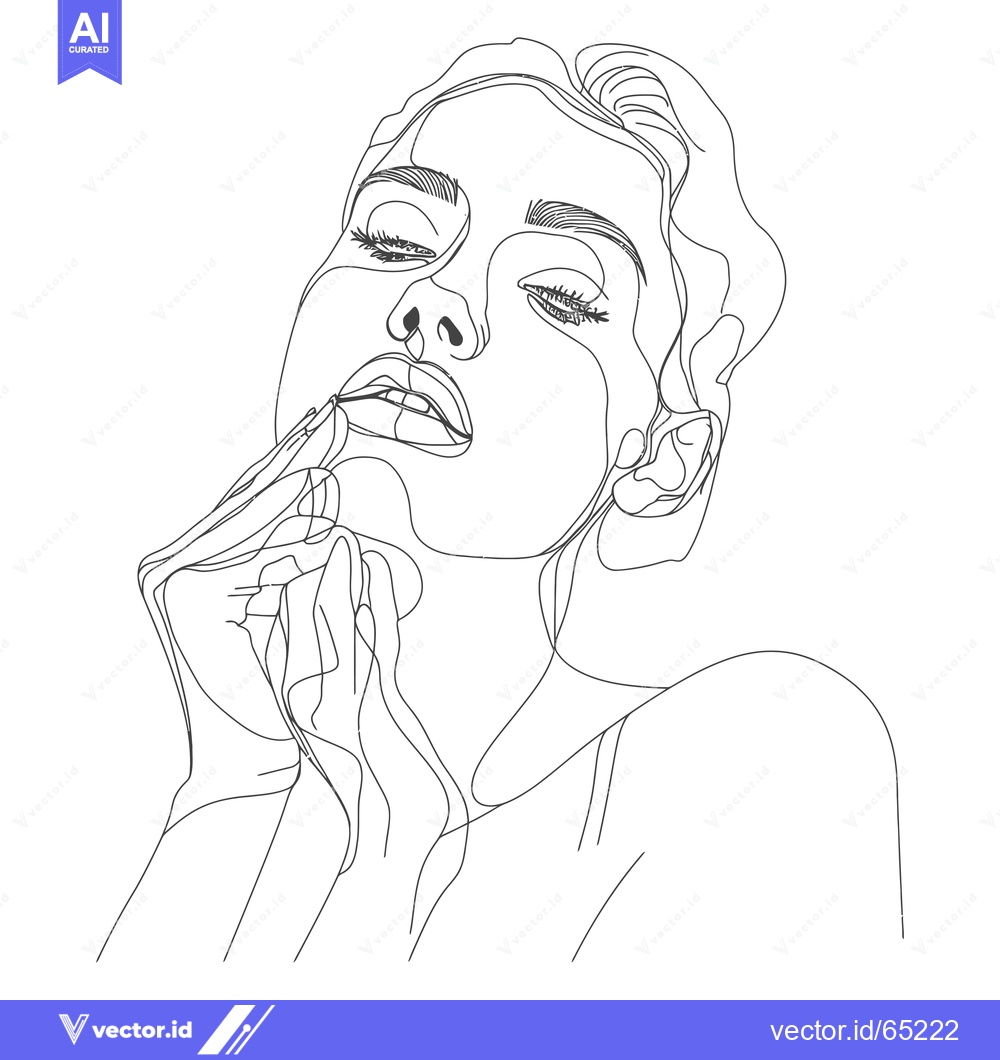 Premium Vector dari One-line drawing of a woman with closed eyes, touching her face