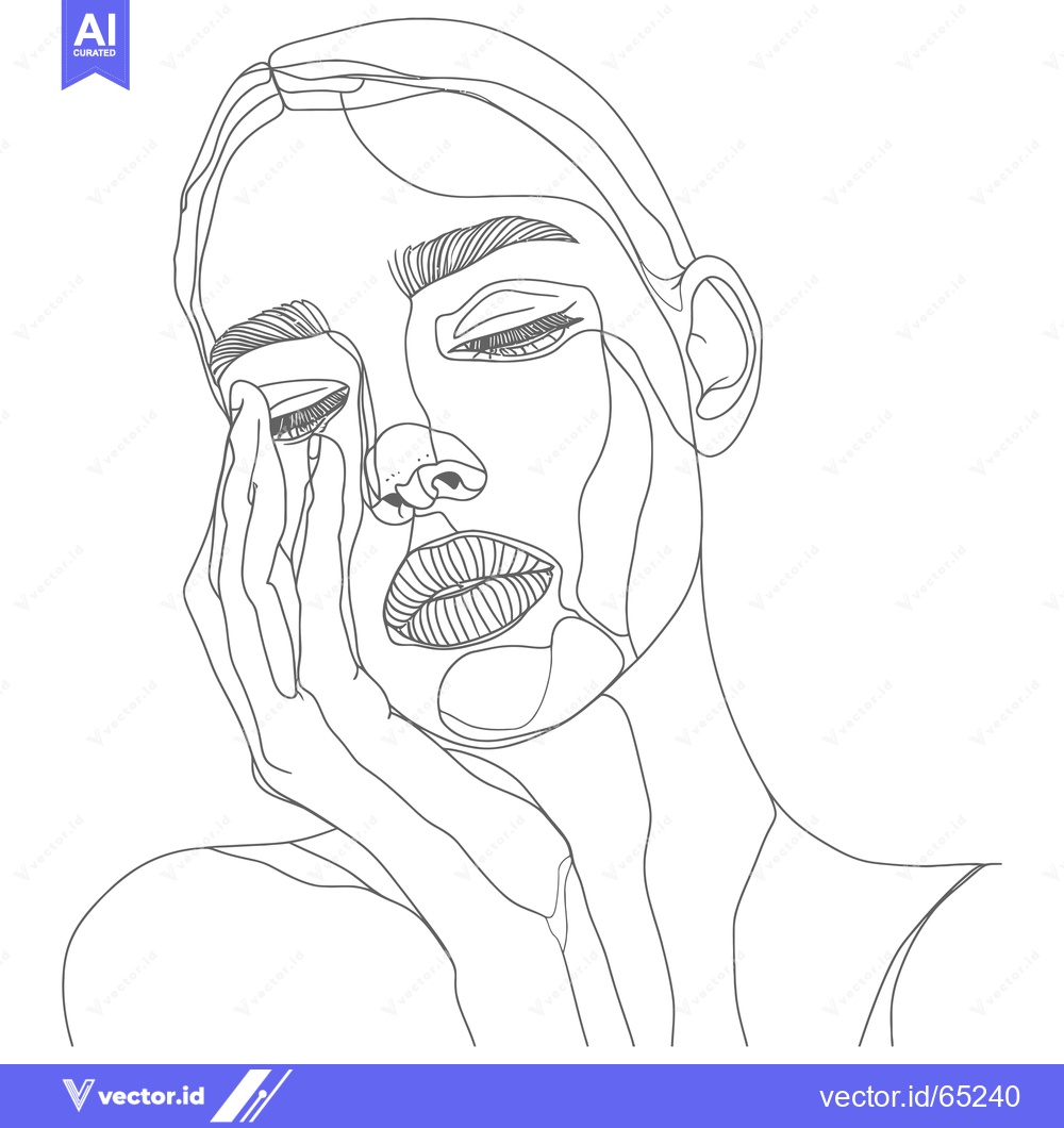 Premium Vector dari Single-Line Art Portrait of a Woman with Closed Eyes and Hand on Cheek