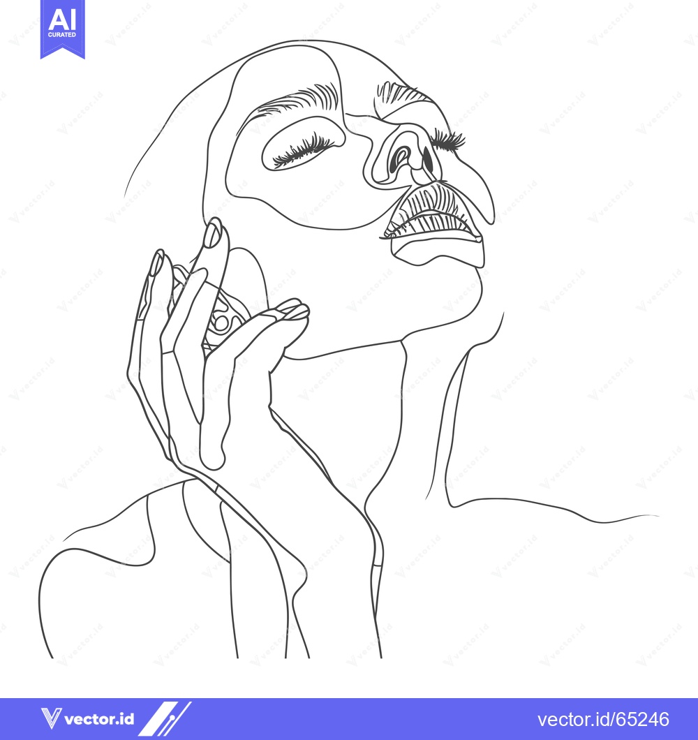 Premium Vector dari Line Drawing of a Woman's Face with Closed Eyes and Hands on Her Chin
