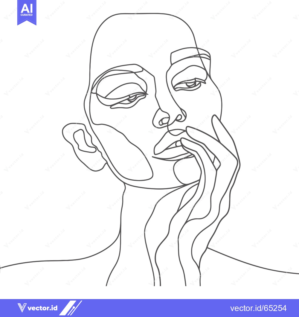 Premium Vector dari One Line Drawing of a Woman's Face with Hand on Chin