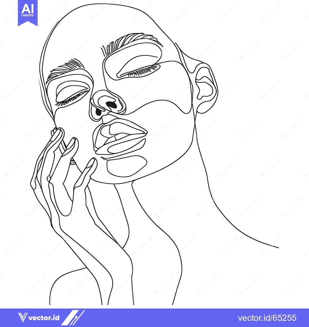 Premium Vector of A single-line drawing of a woman's face with closed eyes and a hand re