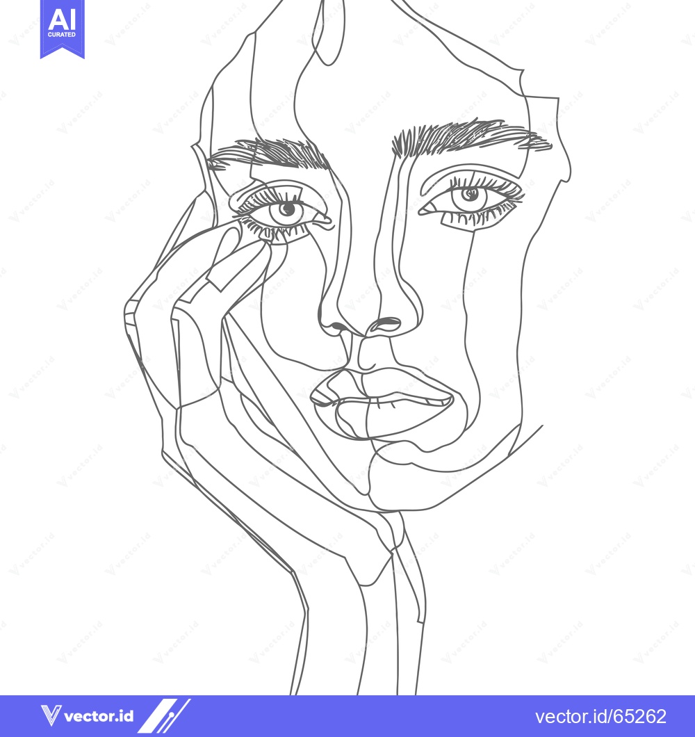 Premium Vector of Line Art Portrait of a Woman with Long Eyelashes and Hand on Cheek