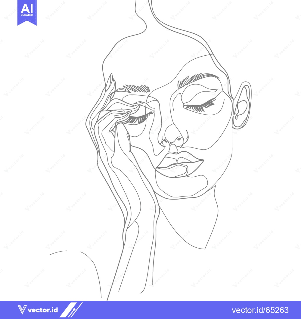 Premium Vector dari Line Drawing of a Woman with Closed Eyes and Hand on Face
