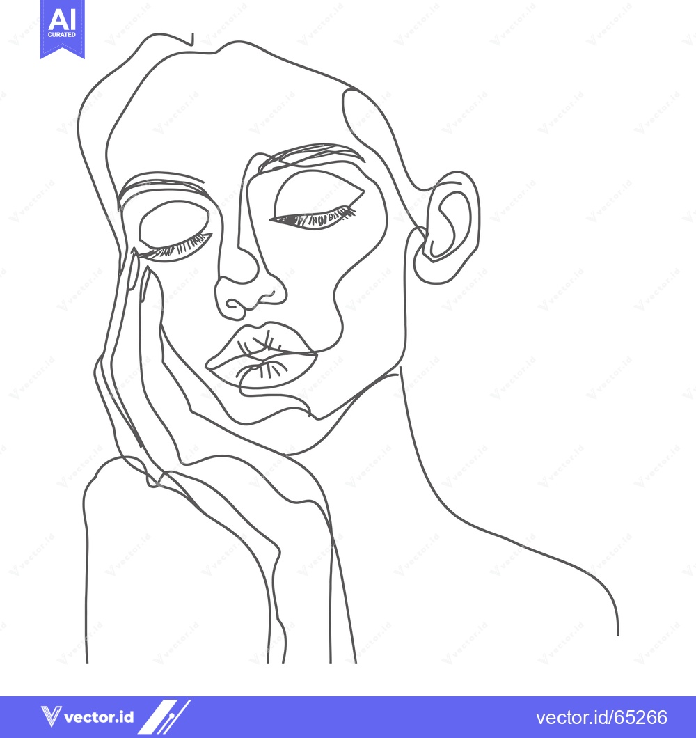 Premium Vector of Abstract Line Art Portrait of a Woman with Closed Eyes and Hand on Che