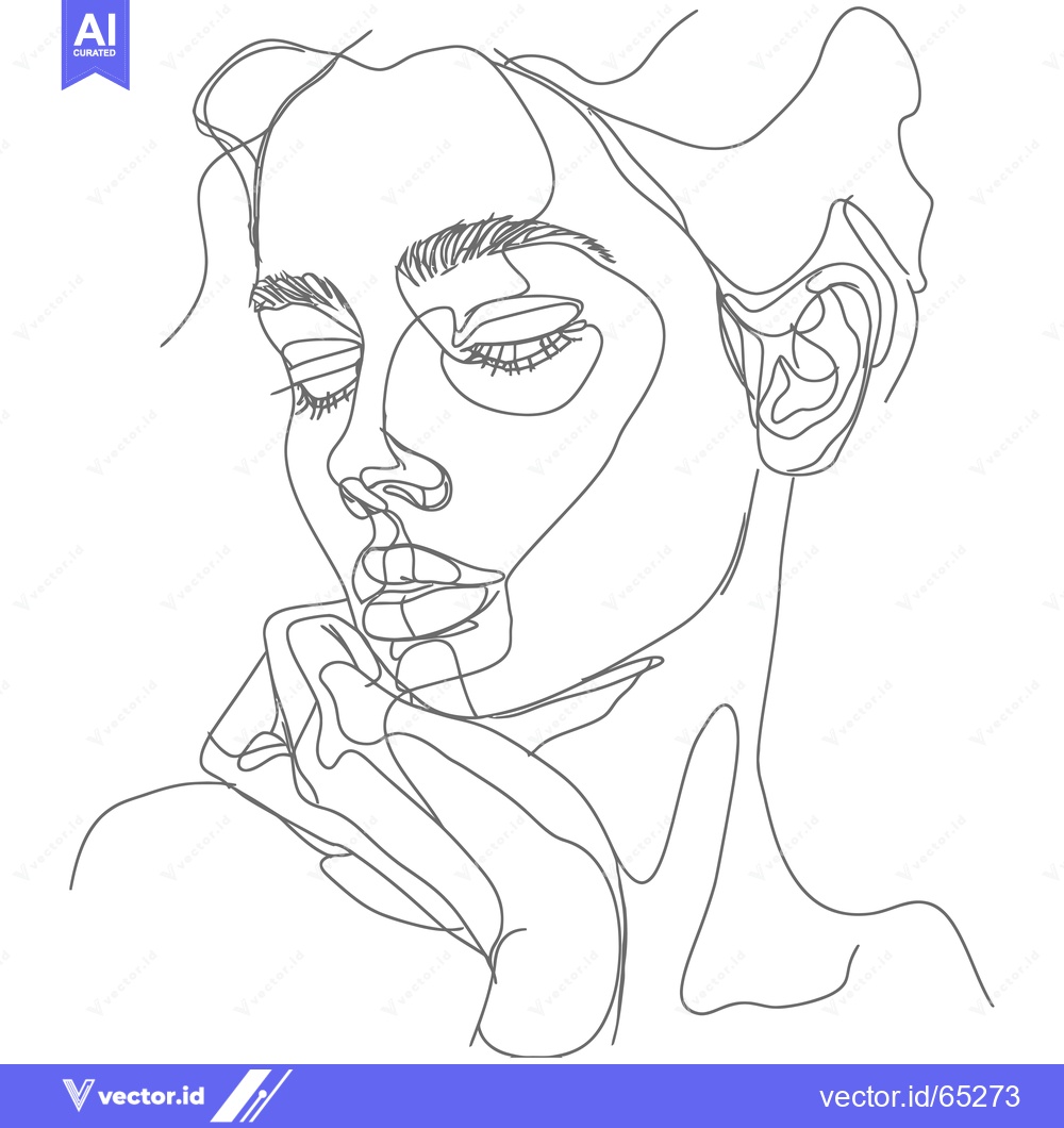 Premium Vector dari One-Line Art Portrait of a Woman with Closed Eyes and Hand on Chin
