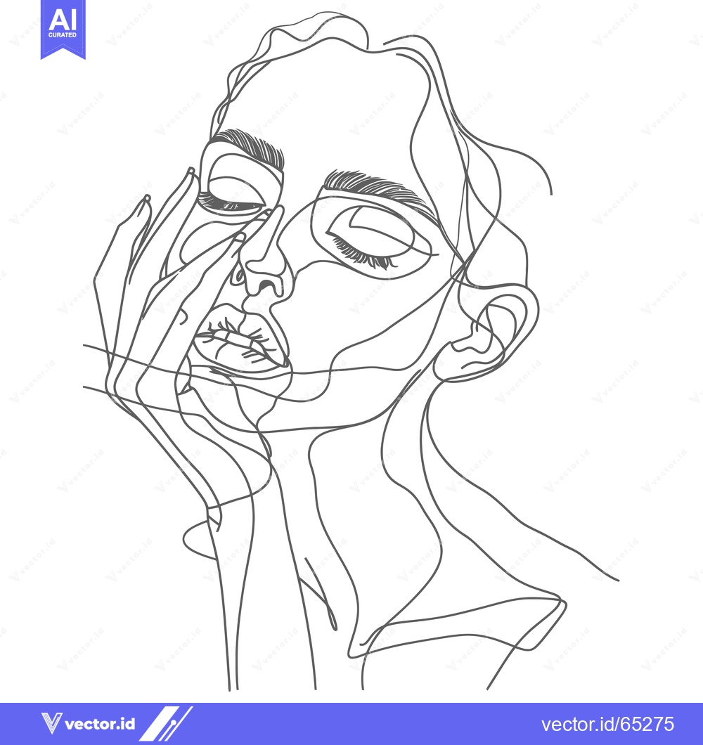 Premium Vector dari Single-Line Drawing of a Woman's Face with Closed Eyes and Hand on Che