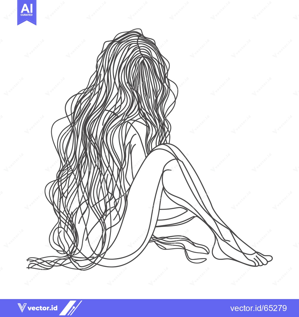 Premium Vector dari Line Art Illustration of a Woman Sitting with Long Hair Covering Her F