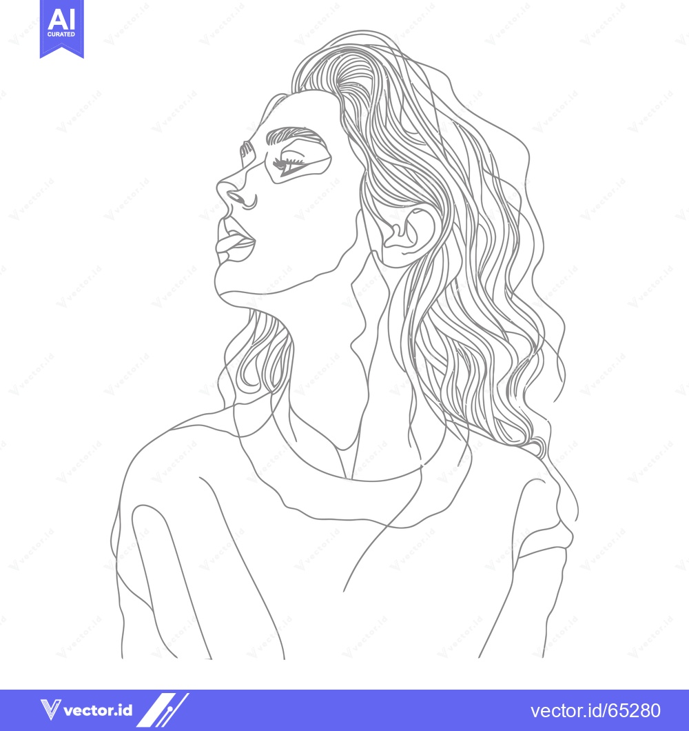 Premium Vector dari Line Drawing of a Woman with Long Wavy Hair Looking Up