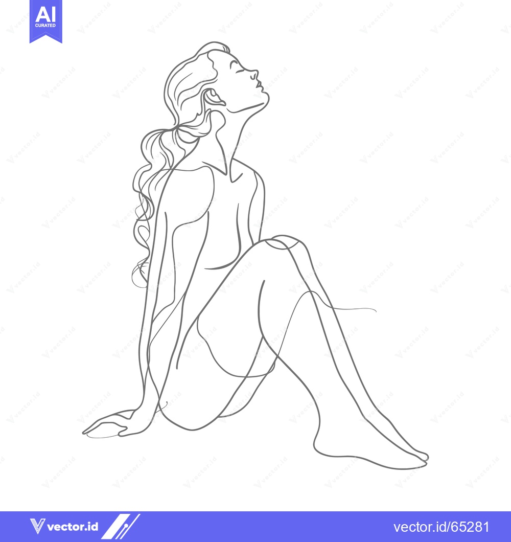 Premium Vector dari A Woman with Long Hair Sitting and Looking Upward in a Single Line Dra