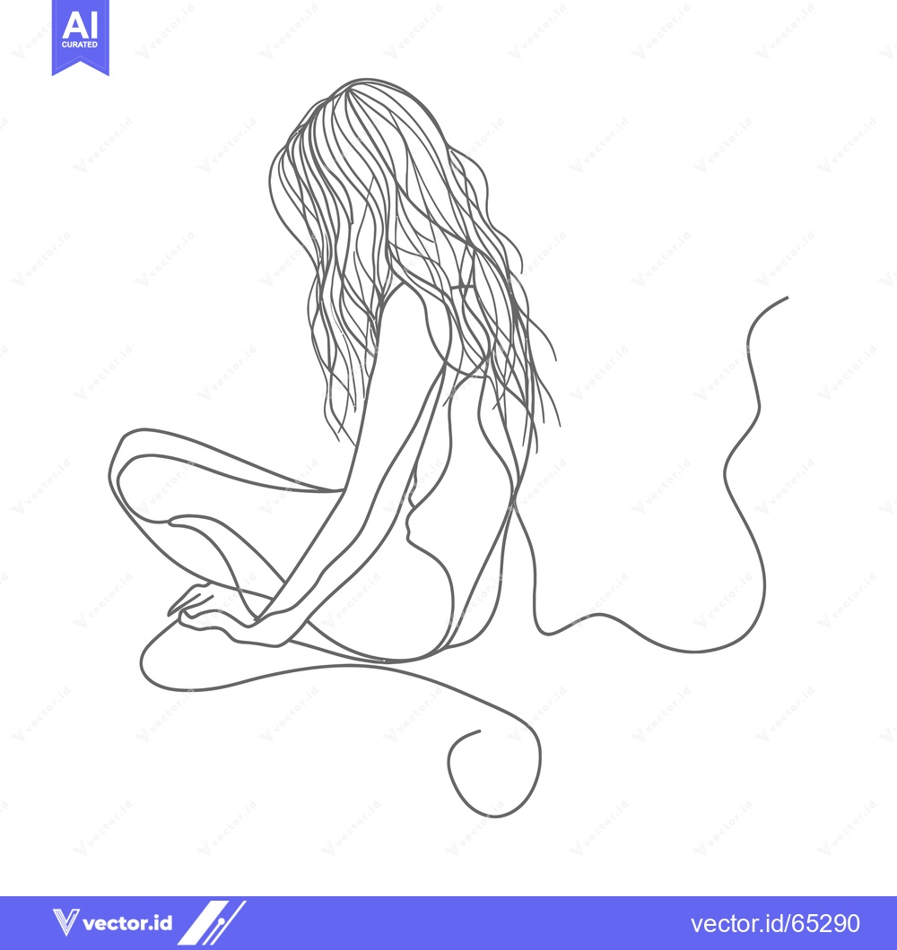 Premium Vector of Line Art Drawing of a Seated Woman with Long Hair