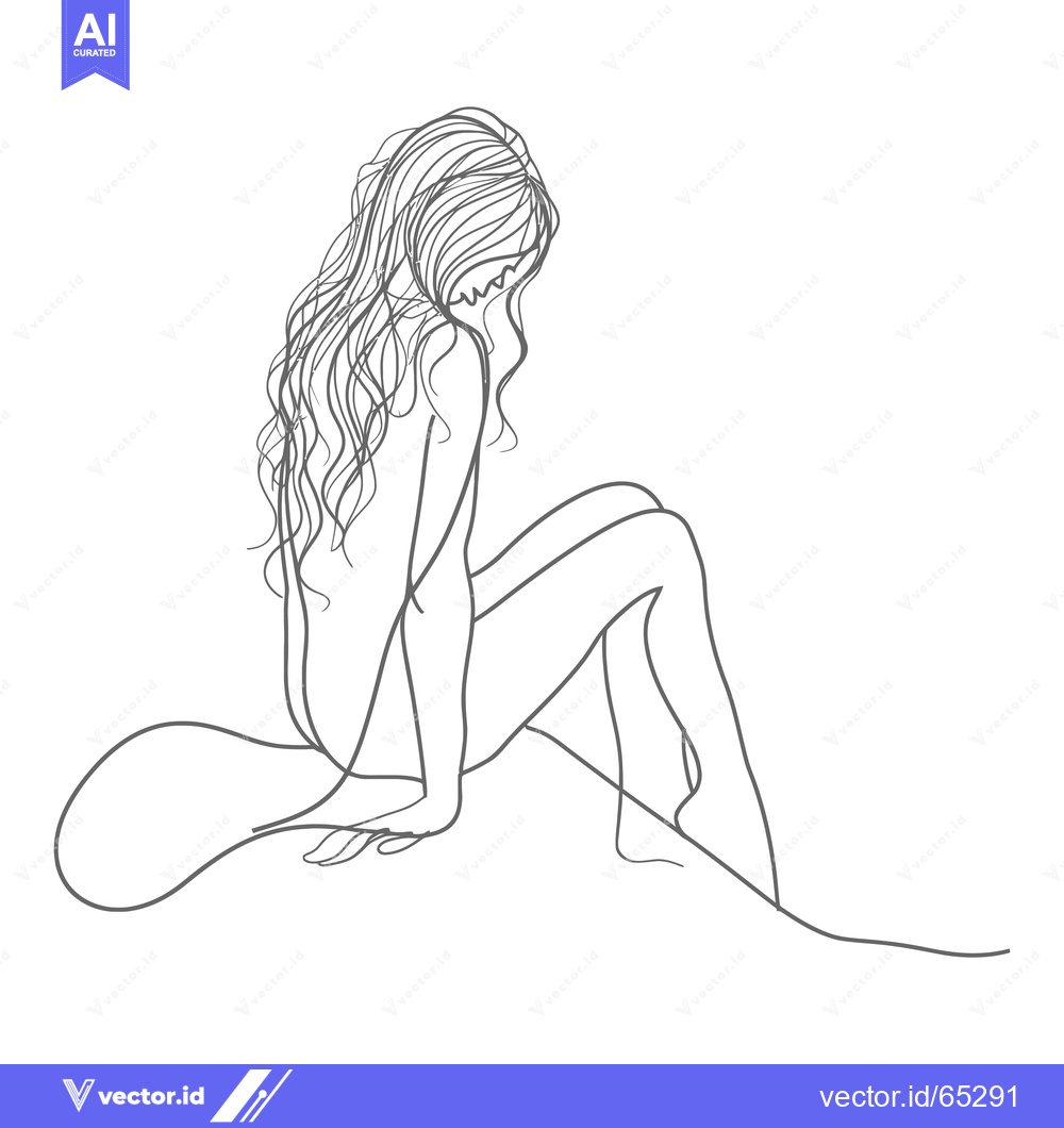 Premium Vector dari Line Drawing of a Woman Sitting with Long Flowing Hair