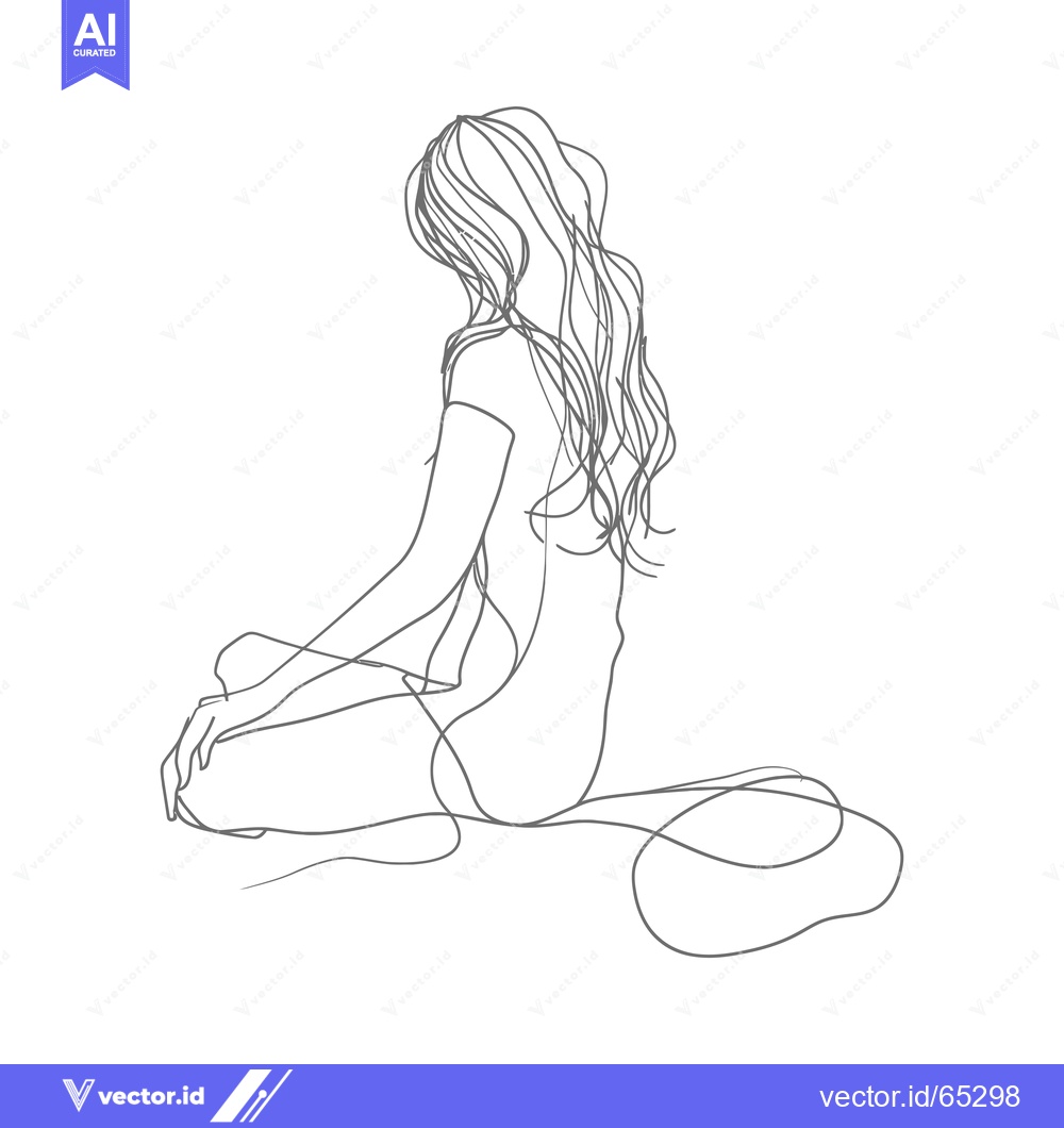 Premium Vector of Line Art Drawing of a Woman Sitting with Long Hair