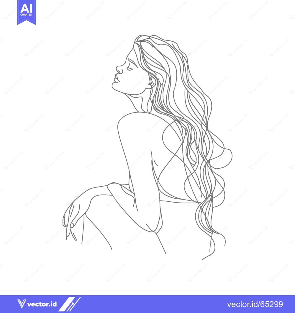 Premium Vector of A single-line drawing of a woman with long flowing hair, sitting and l