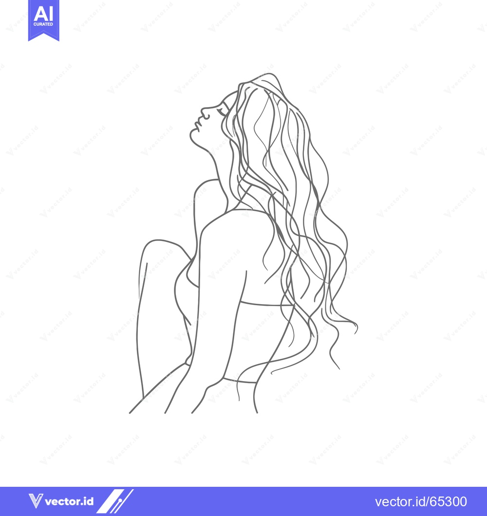 Premium Vector dari Line Art Drawing of a Woman with Long Hair Looking Up
