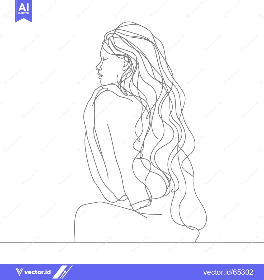 Premium Vector of Line Drawing of a Woman with Long Hair Sitting in Profile