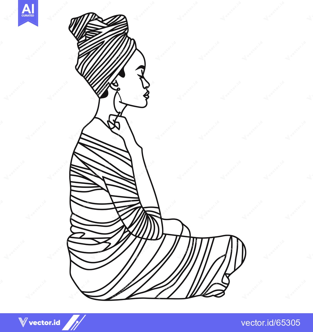 Premium Vector of A Woman in a Striped Dress and Head Wrap Sitting in a Meditative Pose