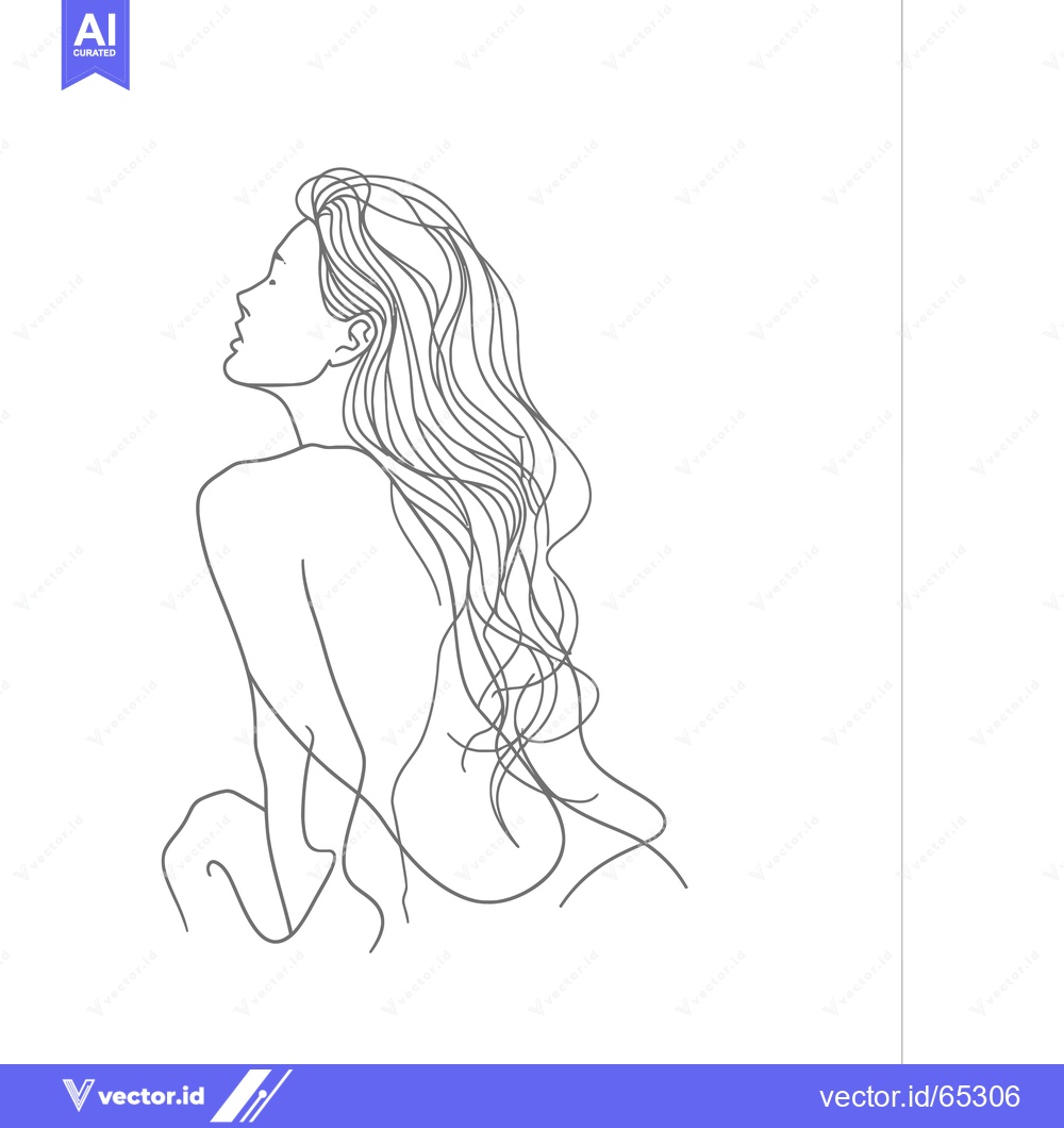 Premium Vector dari Line Art Illustration of a Woman with Long Wavy Hair Looking Upward