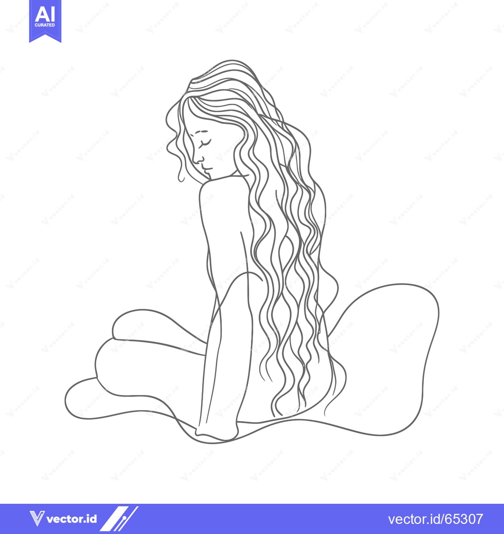 Premium Vector of Line Art Illustration of a Woman with Long Hair Sitting on a Cloud