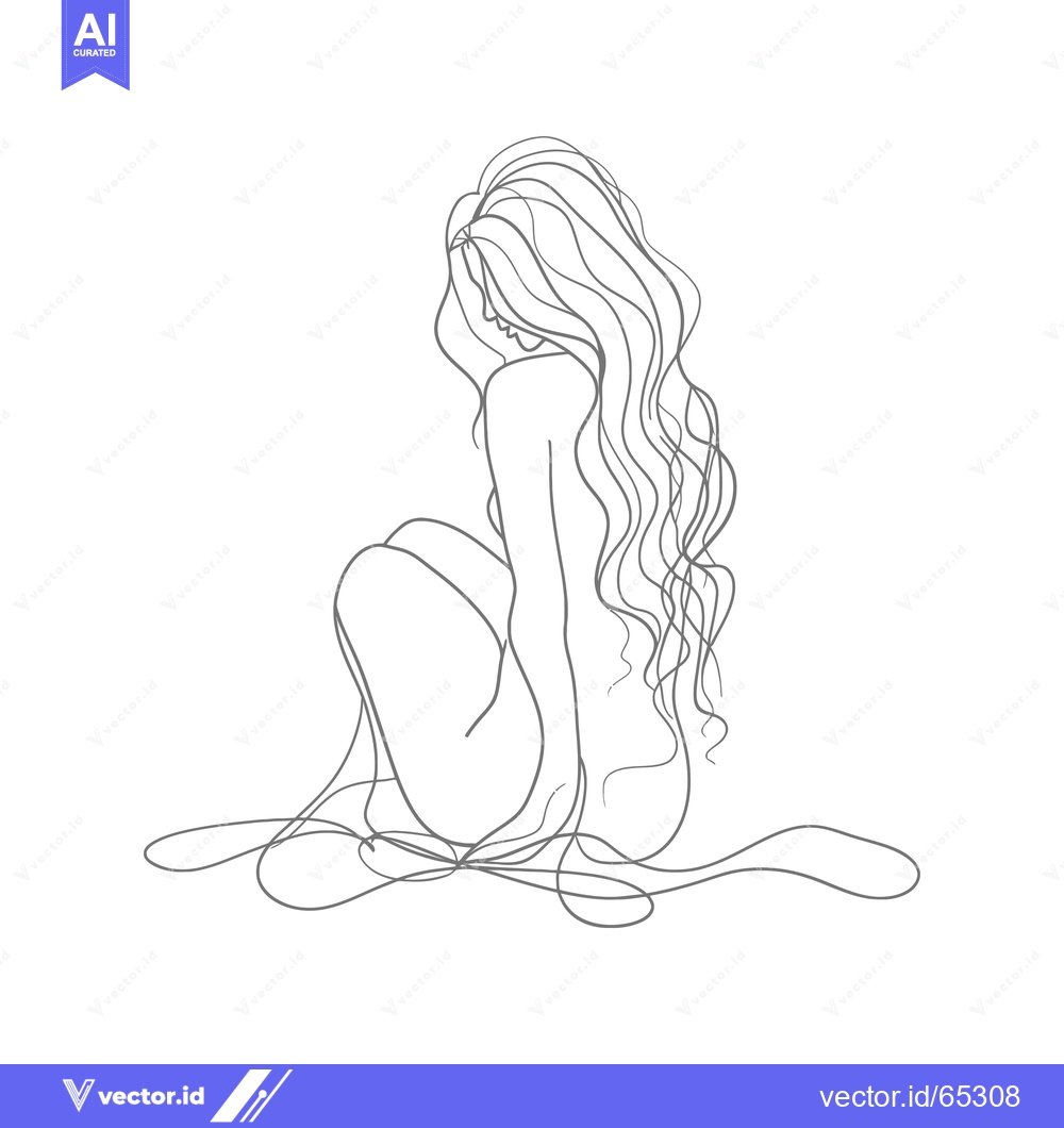Premium Vector of Line Art Illustration of a Woman with Long Flowing Hair Sitting Down