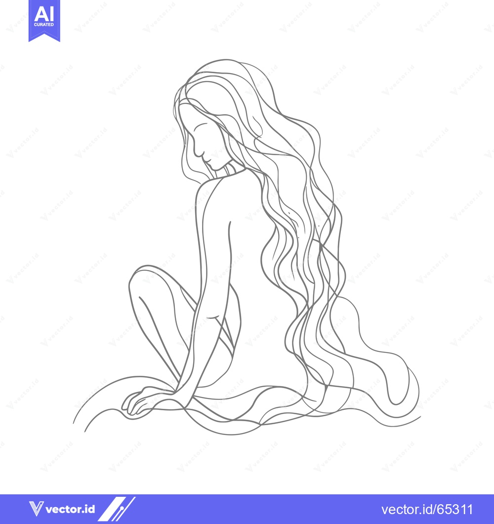 Premium Vector dari A Line Drawing of a Woman with Long Hair Sitting on a Cloud