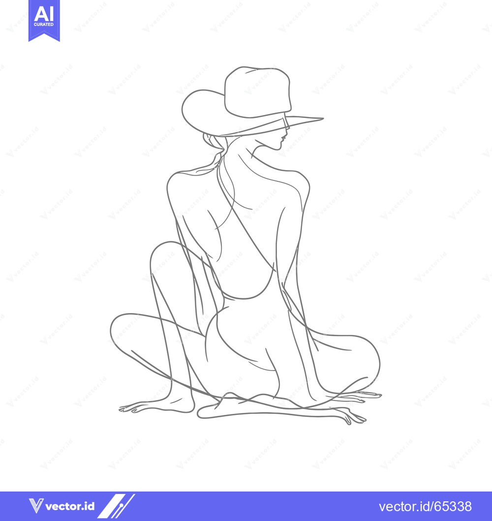Premium Vector dari Line Drawing of a Woman in a Hat Sitting with Her Back to the Viewer
